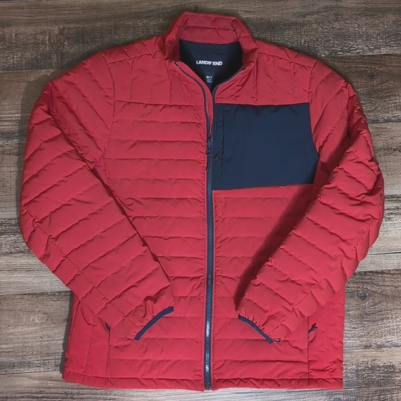 Lands' End Goose Down Puffer Jacket Size Medium-Tall In Red With Blue Trim - Picture 1 of 10